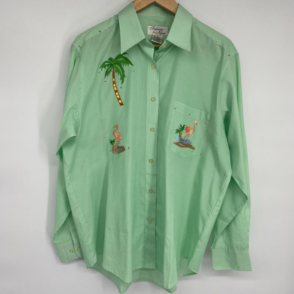 Vintage Top Women’s Embroidered‎ Flamingos Palm Tree Rhinestone Electric Grandma